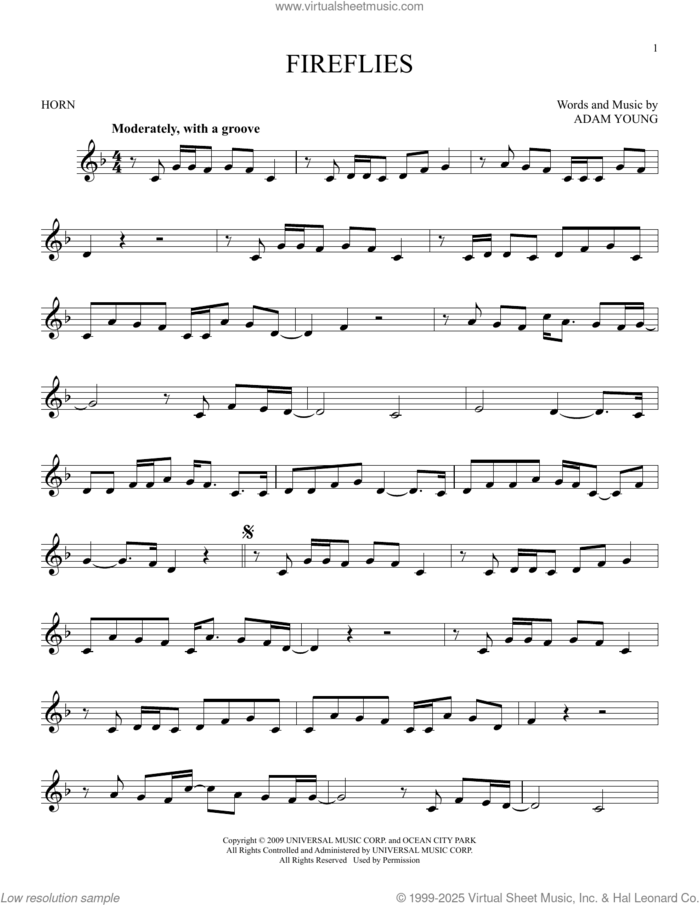 Fireflies sheet music for horn solo by Owl City and Adam Young, intermediate skill level