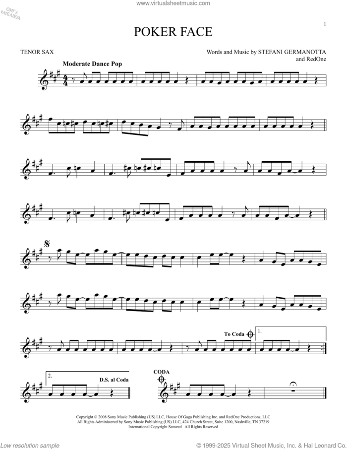 Poker Face sheet music for tenor saxophone solo by Lady Gaga and RedOne, intermediate skill level