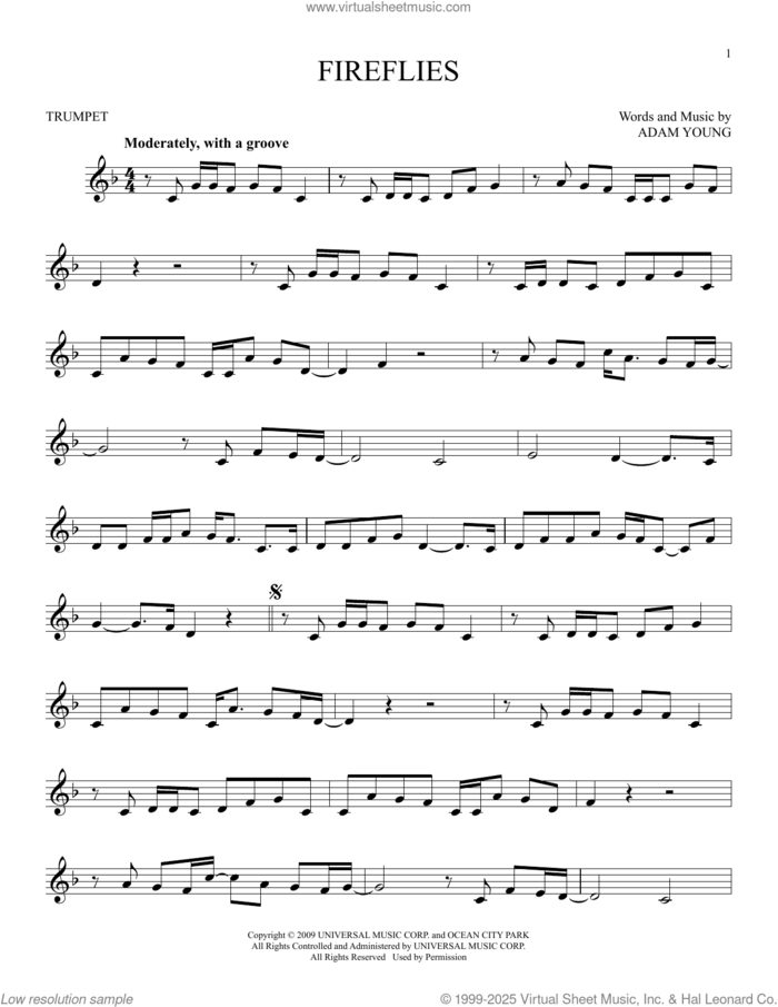 Fireflies sheet music for trumpet solo by Owl City and Adam Young, intermediate skill level