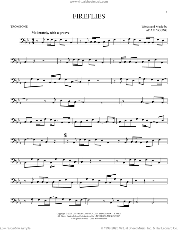 Fireflies sheet music for trombone solo by Owl City and Adam Young, intermediate skill level