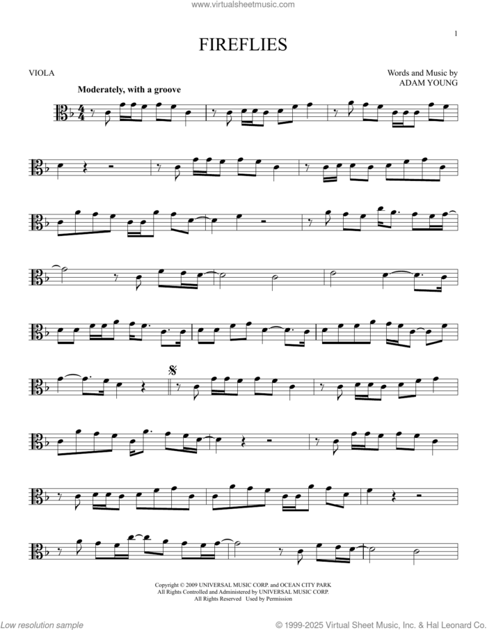 Fireflies sheet music for viola solo by Owl City and Adam Young, intermediate skill level