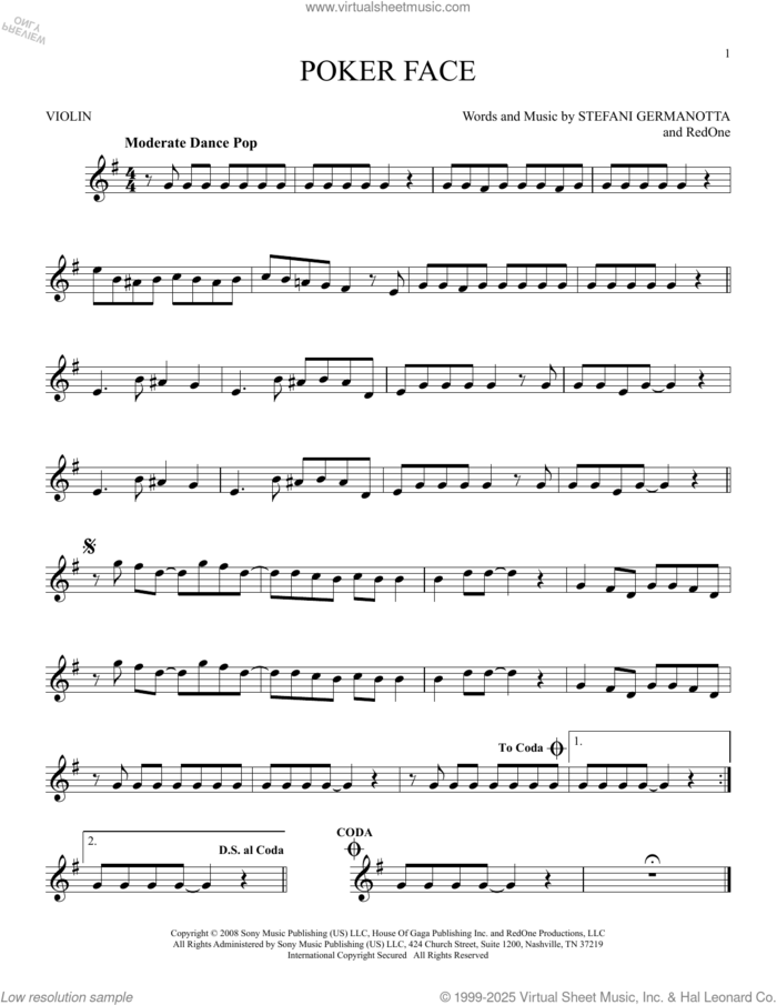 Poker Face sheet music for violin solo by Lady Gaga and RedOne, intermediate skill level