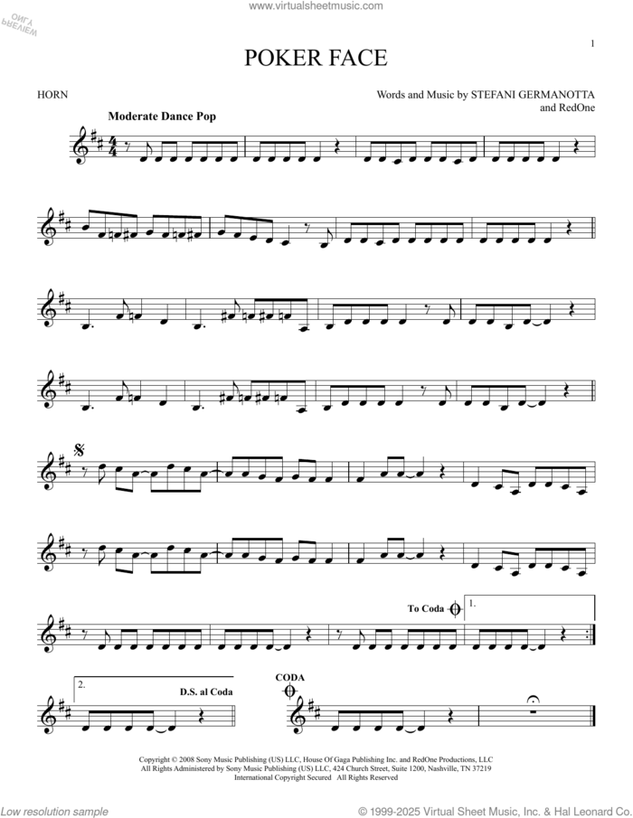 Poker Face sheet music for horn solo by Lady Gaga and RedOne, intermediate skill level