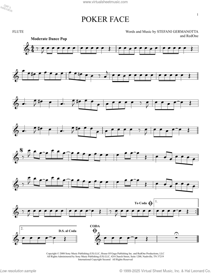 Poker Face sheet music for flute solo by Lady Gaga and RedOne, intermediate skill level