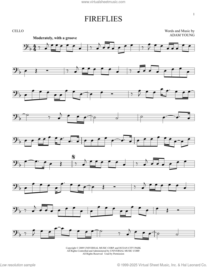 Fireflies sheet music for cello solo by Owl City and Adam Young, intermediate skill level