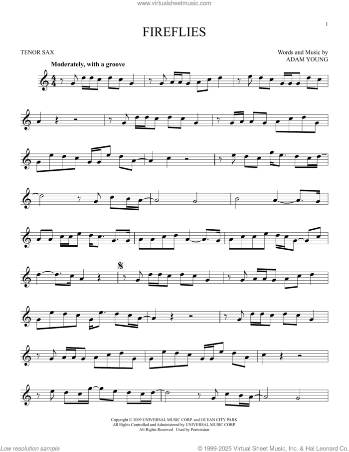 Fireflies sheet music for tenor saxophone solo by Owl City and Adam Young, intermediate skill level