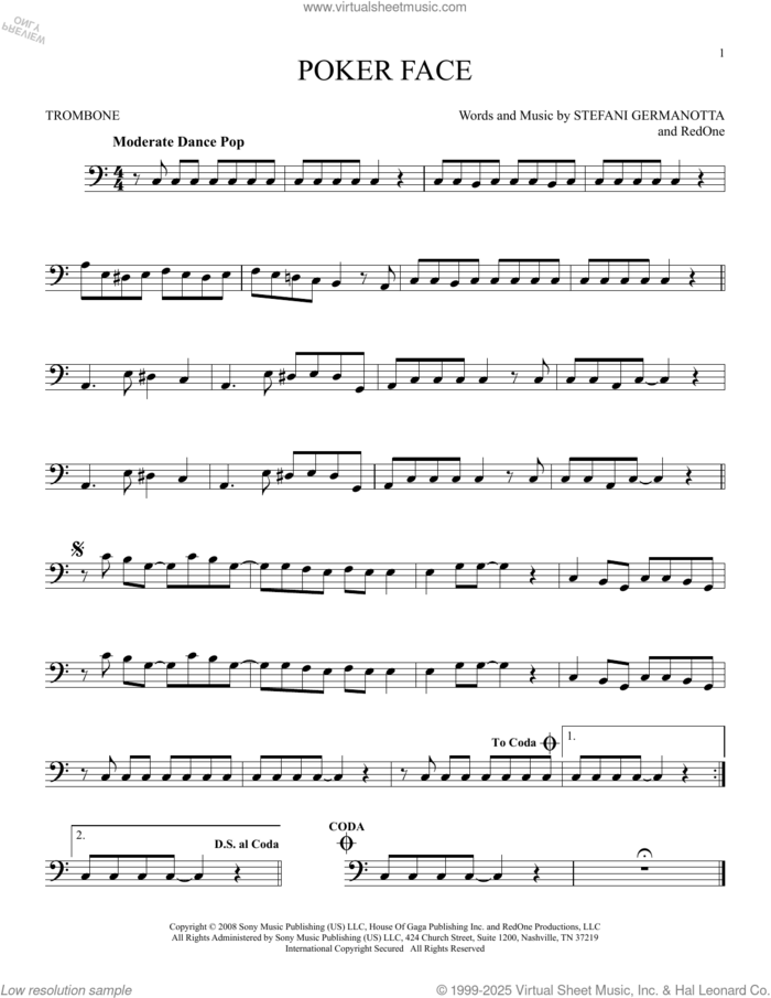 Poker Face sheet music for trombone solo by Lady Gaga and RedOne, intermediate skill level