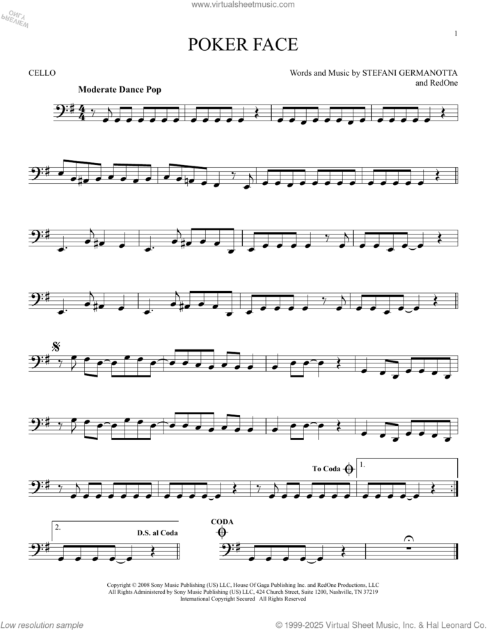 Poker Face sheet music for cello solo by Lady Gaga and RedOne, intermediate skill level