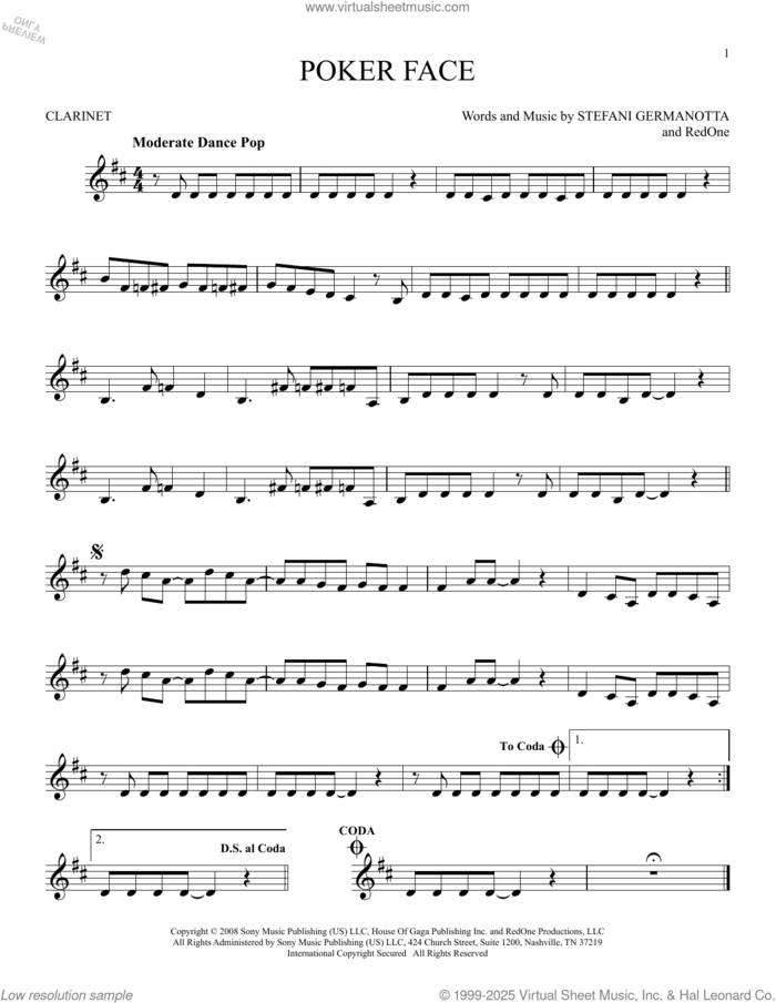 Poker Face sheet music for clarinet solo by Lady Gaga and RedOne, intermediate skill level