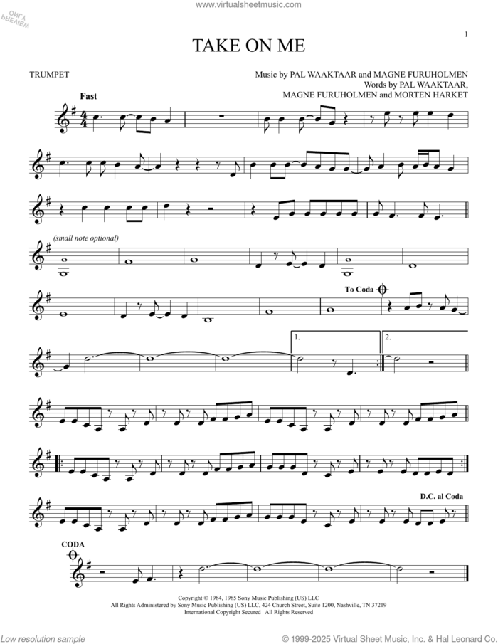 Take On Me sheet music for trumpet solo by a-ha, Magne Furuholmen, Morten Harket and Pal Waaktaar, intermediate skill level