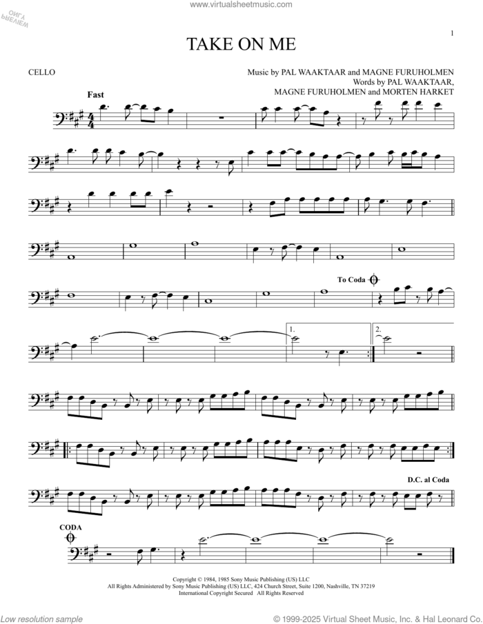 Take On Me sheet music for cello solo by a-ha, Magne Furuholmen, Morten Harket and Pal Waaktaar, intermediate skill level