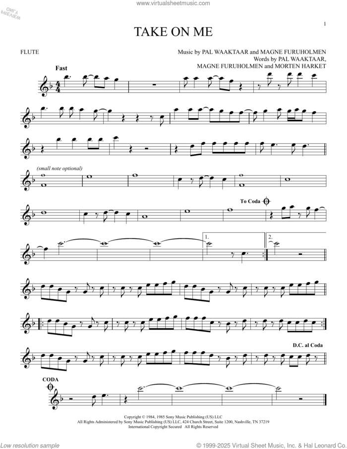 Take On Me sheet music for flute solo by a-ha, Magne Furuholmen, Morten Harket and Pal Waaktaar, intermediate skill level