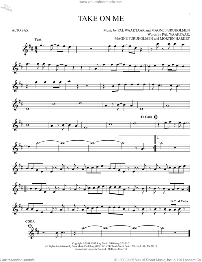 Take On Me sheet music for alto saxophone solo by a-ha, Magne Furuholmen, Morten Harket and Pal Waaktaar, intermediate skill level