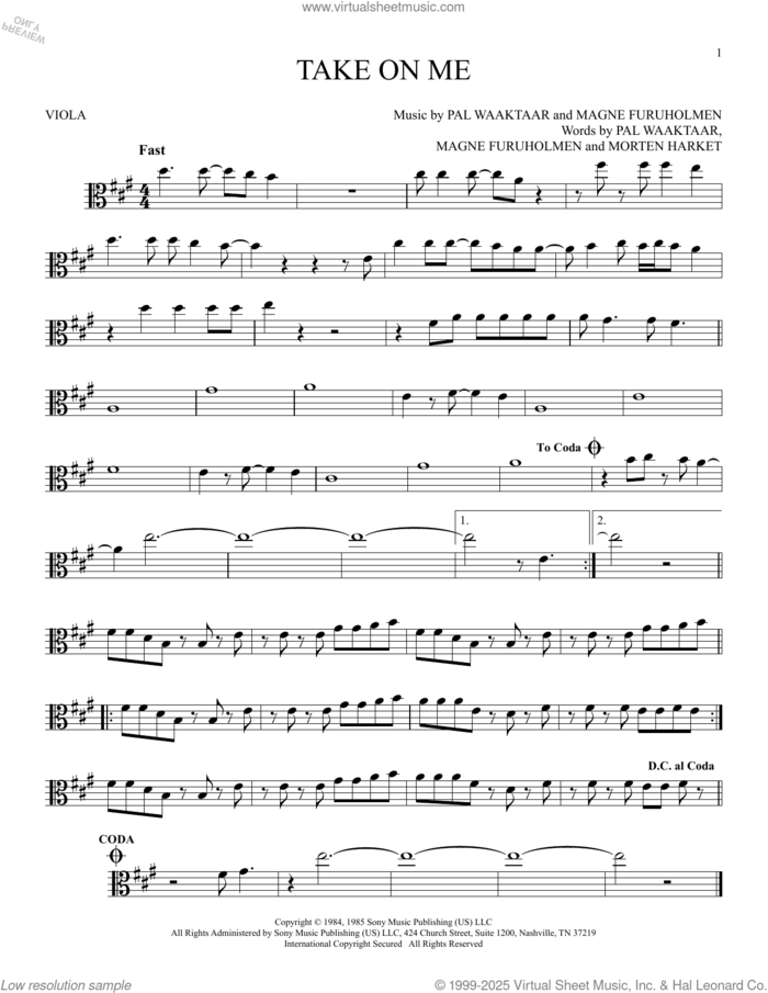 Take On Me sheet music for viola solo by a-ha, Magne Furuholmen, Morten Harket and Pal Waaktaar, intermediate skill level