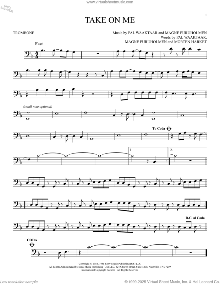 Take On Me sheet music for trombone solo by a-ha, Magne Furuholmen, Morten Harket and Pal Waaktaar, intermediate skill level