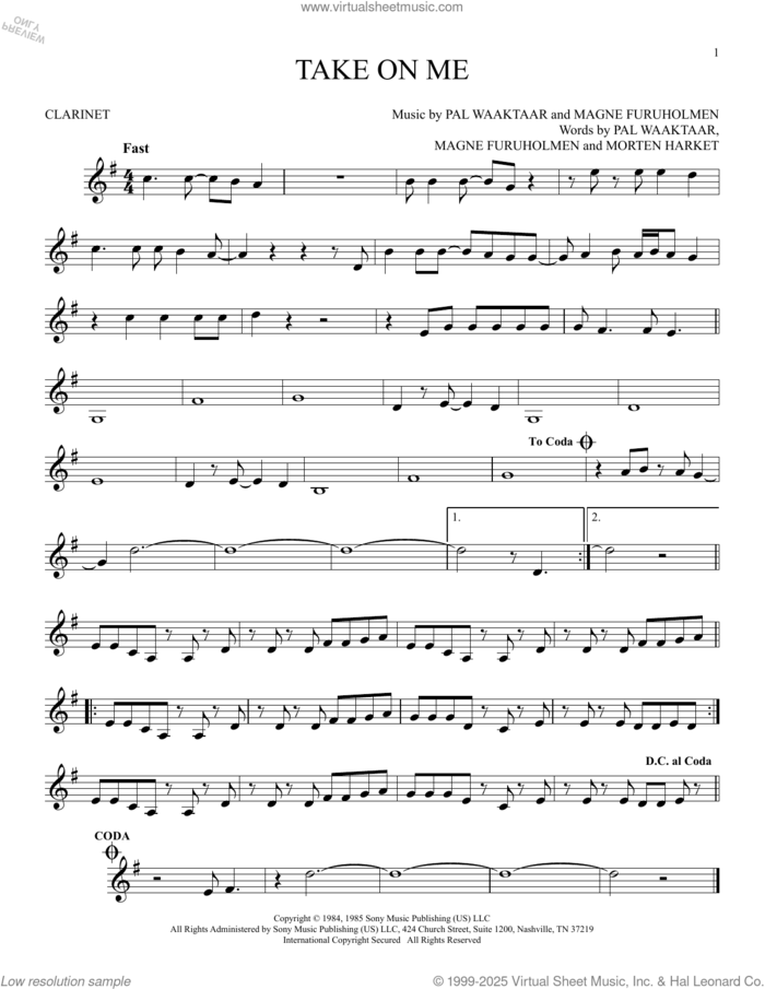 Take On Me sheet music for clarinet solo by a-ha, Magne Furuholmen, Morten Harket and Pal Waaktaar, intermediate skill level