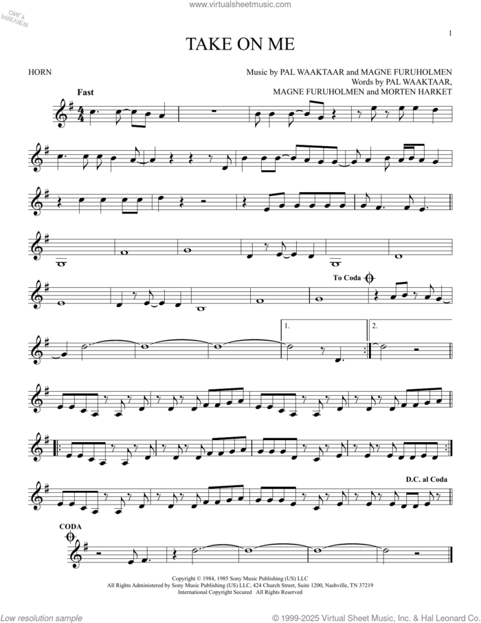 Take On Me sheet music for horn solo by a-ha, Magne Furuholmen, Morten Harket and Pal Waaktaar, intermediate skill level