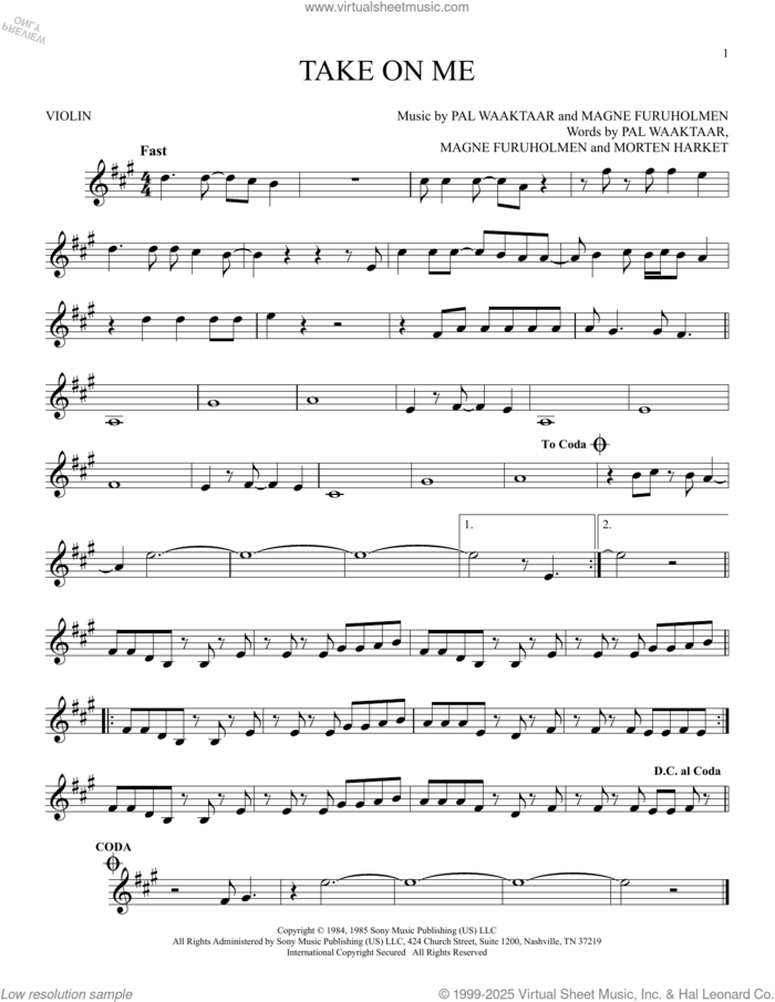 Take On Me sheet music for violin solo by a-ha, Magne Furuholmen, Morten Harket and Pal Waaktaar, intermediate skill level