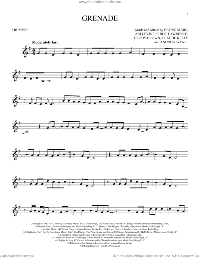 Grenade sheet music for trumpet solo by Bruno Mars, Andrew Wyatt, Ari Levine, Brody Brown, Claude Kelly and Philip Lawrence, intermediate skill level