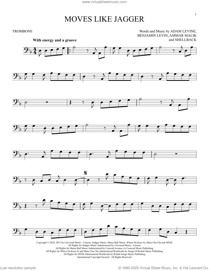 Moves Like Jagger sheet music for trombone solo by Maroon 5 featuring Christina Aguilera, Adam Levine, Ammar Malik, Benjamin Levin and Shellback, intermediate skill level