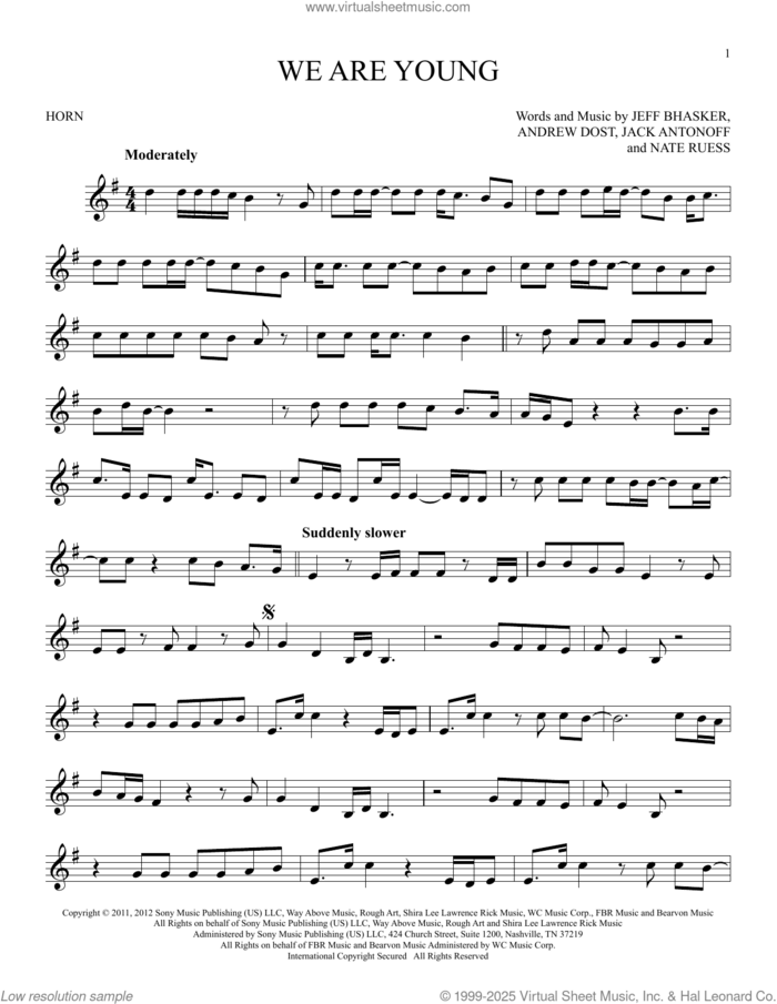 We Are Young sheet music for horn solo by fun. featuring Janelle Monae, Andrew Dost, Jack Antonoff, Jeff Bhasker and Nate Ruess, intermediate skill level