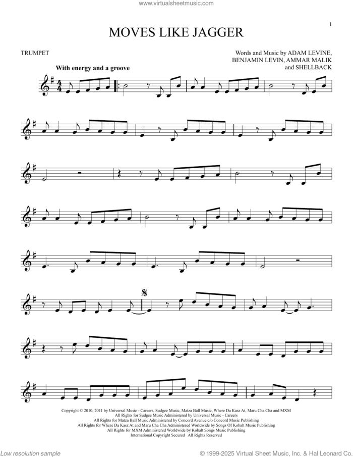 Moves Like Jagger sheet music for trumpet solo by Maroon 5 featuring Christina Aguilera, Adam Levine, Ammar Malik, Benjamin Levin and Shellback, intermediate skill level