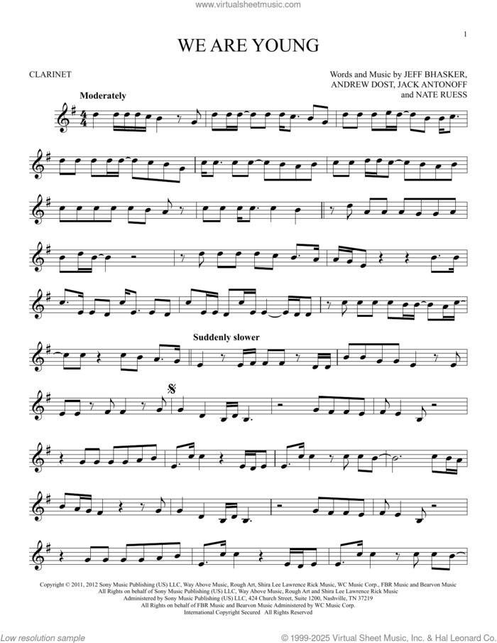 We Are Young sheet music for clarinet solo by fun. featuring Janelle Monae, Andrew Dost, Jack Antonoff, Jeff Bhasker and Nate Ruess, intermediate skill level