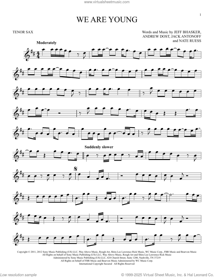 We Are Young sheet music for tenor saxophone solo by fun. featuring Janelle Monae, Andrew Dost, Jack Antonoff, Jeff Bhasker and Nate Ruess, intermediate skill level