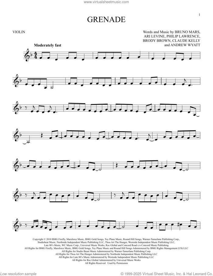 Grenade sheet music for violin solo by Bruno Mars, Andrew Wyatt, Ari Levine, Brody Brown, Claude Kelly and Philip Lawrence, intermediate skill level