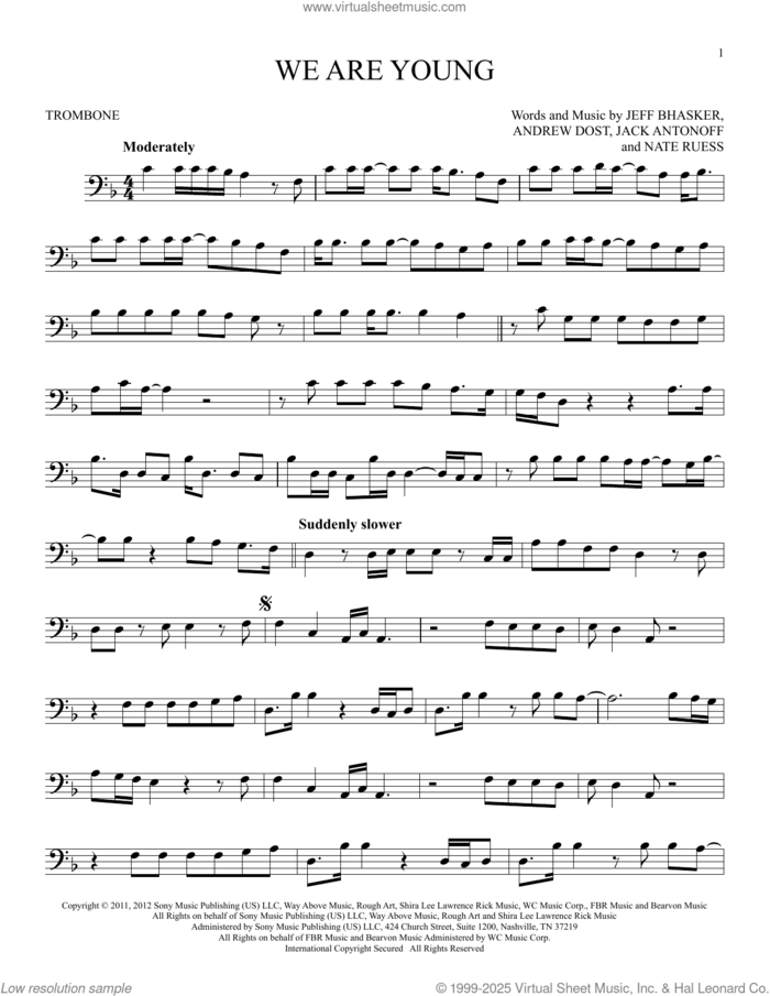 We Are Young sheet music for trombone solo by fun. featuring Janelle Monae, Andrew Dost, Jack Antonoff, Jeff Bhasker and Nate Ruess, intermediate skill level