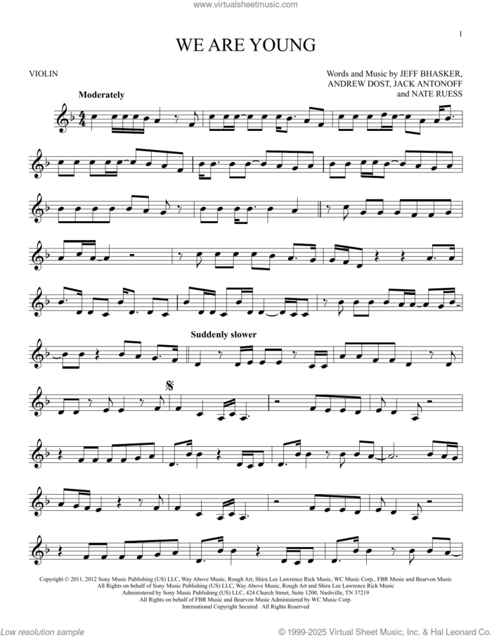 We Are Young sheet music for violin solo by fun. featuring Janelle Monae, Andrew Dost, Jack Antonoff, Jeff Bhasker and Nate Ruess, intermediate skill level