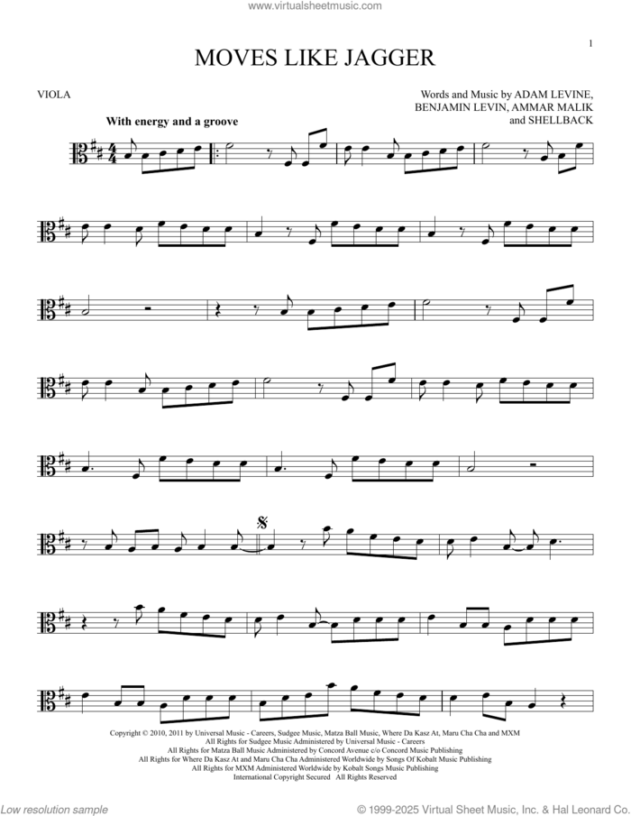 Moves Like Jagger sheet music for viola solo by Maroon 5 featuring Christina Aguilera, Adam Levine, Ammar Malik, Benjamin Levin and Shellback, intermediate skill level