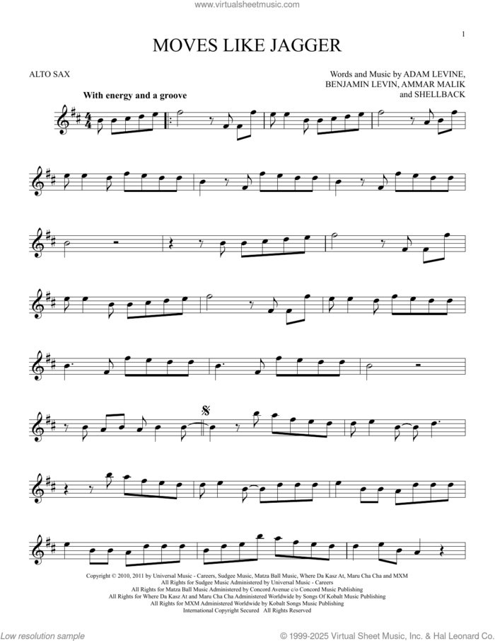 Moves Like Jagger sheet music for alto saxophone solo by Maroon 5 featuring Christina Aguilera, Adam Levine, Ammar Malik, Benjamin Levin and Shellback, intermediate skill level