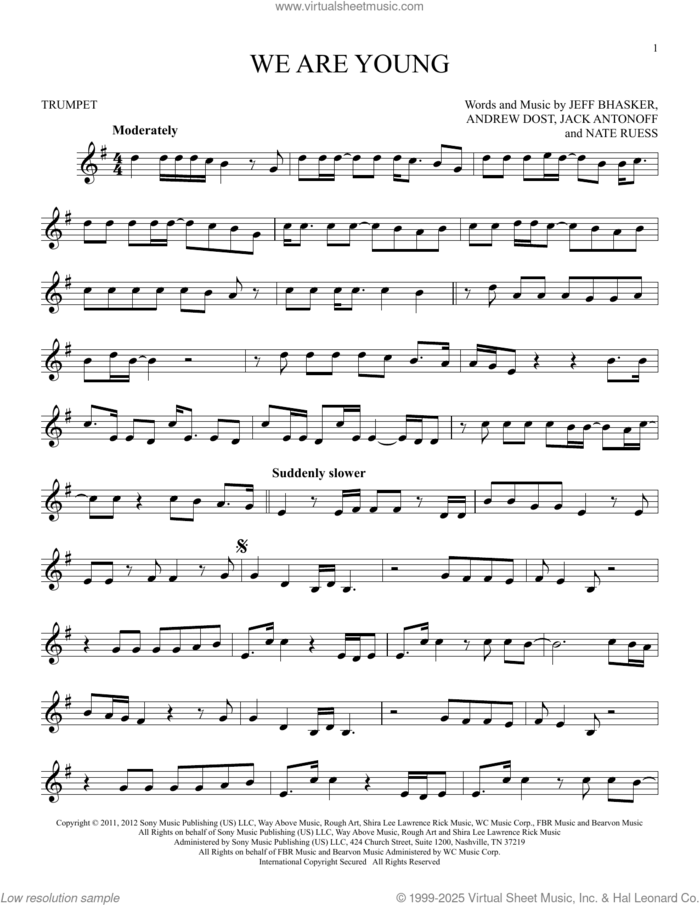 We Are Young sheet music for trumpet solo by fun. featuring Janelle Monae, Andrew Dost, Jack Antonoff, Jeff Bhasker and Nate Ruess, intermediate skill level