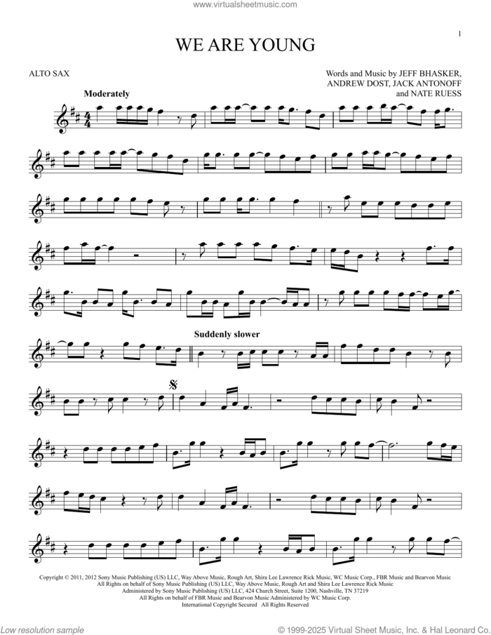 We Are Young sheet music for alto saxophone solo by fun. featuring Janelle Monae, Andrew Dost, Jack Antonoff, Jeff Bhasker and Nate Ruess, intermediate skill level