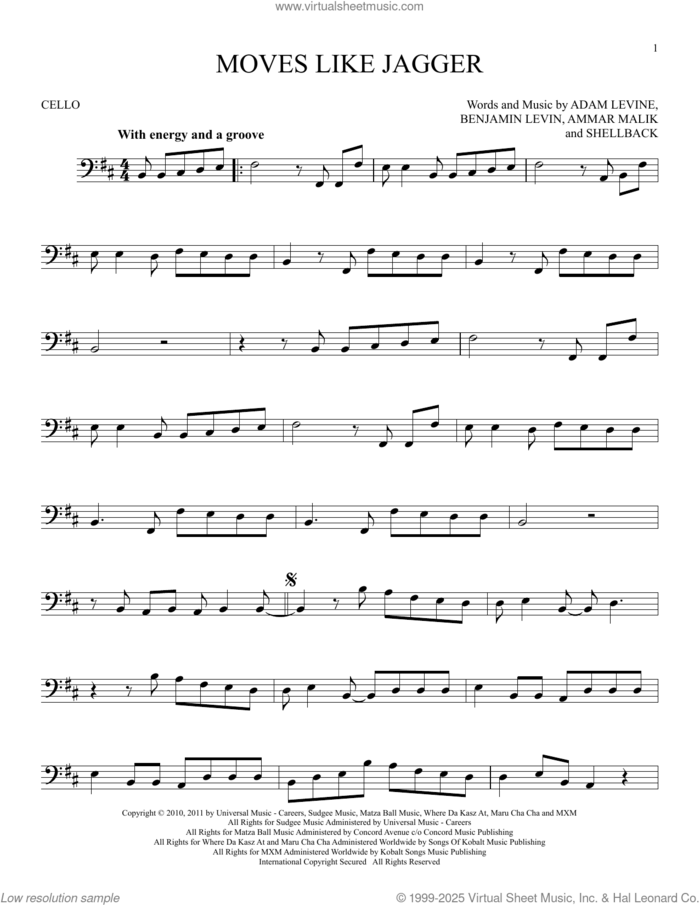 Moves Like Jagger sheet music for cello solo by Maroon 5 featuring Christina Aguilera, Adam Levine, Ammar Malik, Benjamin Levin and Shellback, intermediate skill level