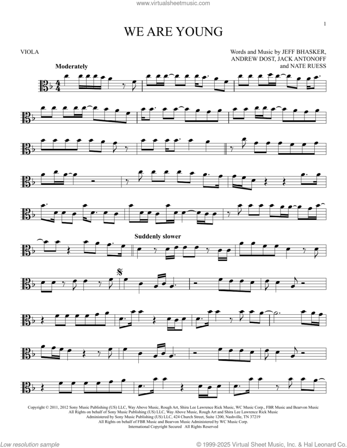 We Are Young sheet music for viola solo by fun. featuring Janelle Monae, Andrew Dost, Jack Antonoff, Jeff Bhasker and Nate Ruess, intermediate skill level