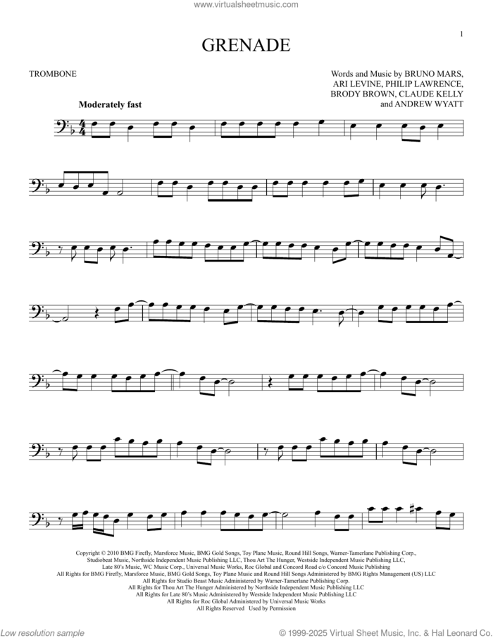 Grenade sheet music for trombone solo by Bruno Mars, Andrew Wyatt, Ari Levine, Brody Brown, Claude Kelly and Philip Lawrence, intermediate skill level