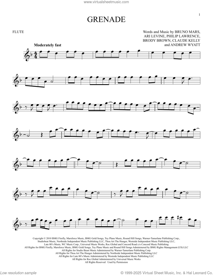 Grenade sheet music for flute solo by Bruno Mars, Andrew Wyatt, Ari Levine, Brody Brown, Claude Kelly and Philip Lawrence, intermediate skill level