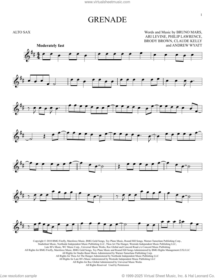 Grenade sheet music for alto saxophone solo by Bruno Mars, Andrew Wyatt, Ari Levine, Brody Brown, Claude Kelly and Philip Lawrence, intermediate skill level