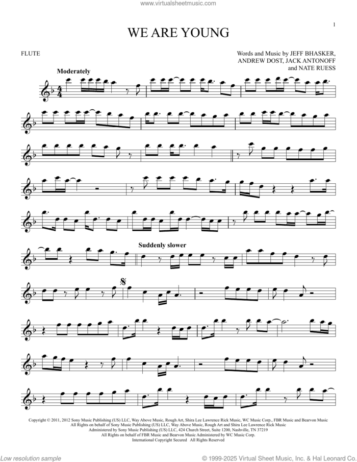 We Are Young sheet music for flute solo by fun. featuring Janelle Monae, Andrew Dost, Jack Antonoff, Jeff Bhasker and Nate Ruess, intermediate skill level