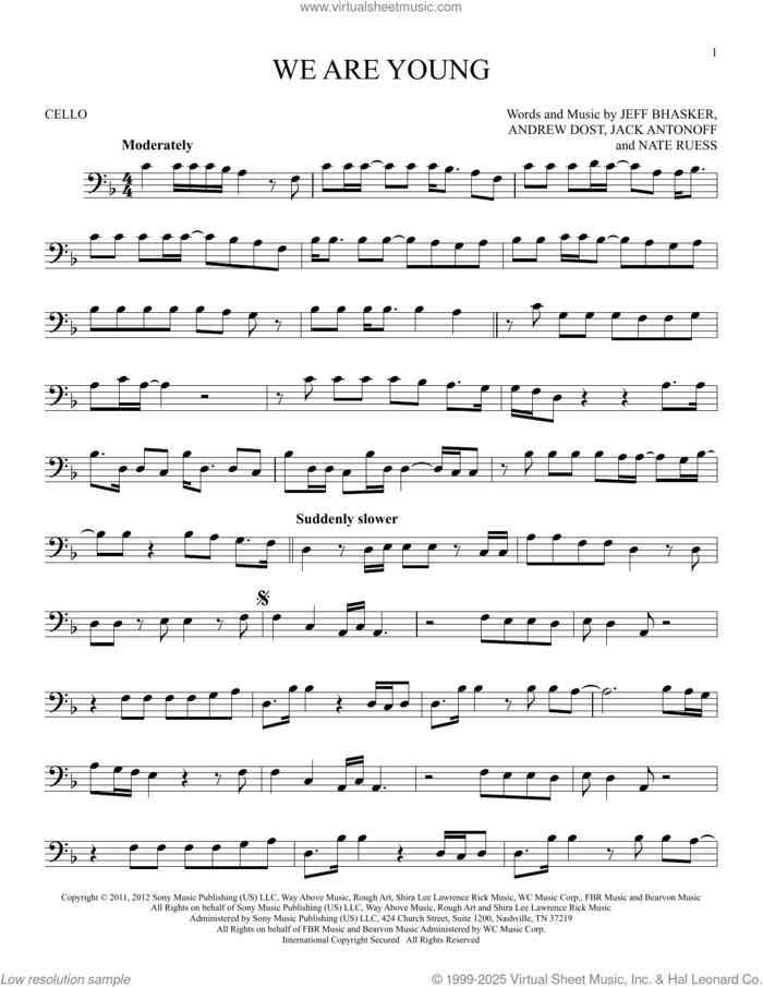 We Are Young sheet music for cello solo by fun. featuring Janelle Monae, Andrew Dost, Jack Antonoff, Jeff Bhasker and Nate Ruess, intermediate skill level