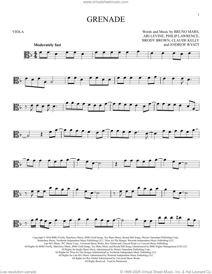 Grenade sheet music for viola solo by Bruno Mars, Andrew Wyatt, Ari Levine, Brody Brown, Claude Kelly and Philip Lawrence, intermediate skill level