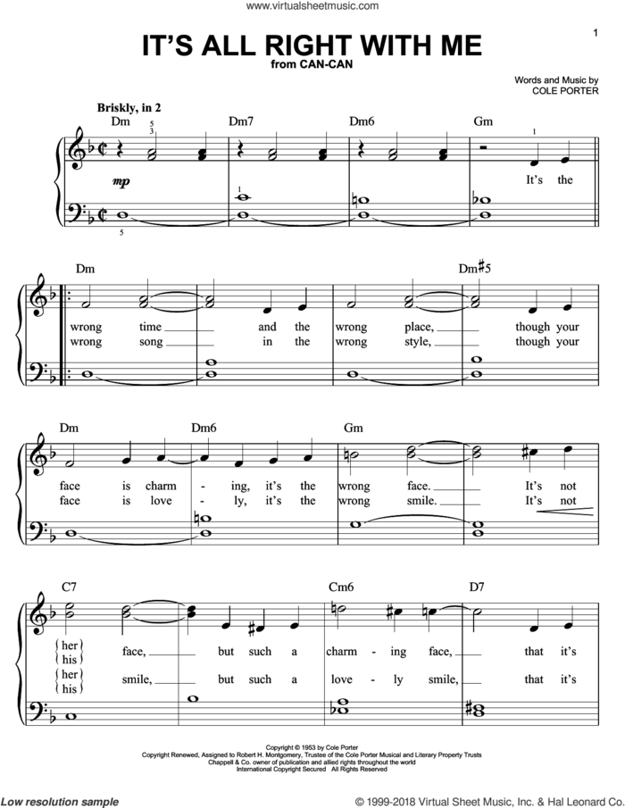 It's All Right With Me sheet music for piano solo by Cole Porter, easy skill level