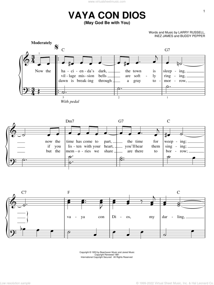 Vaya Con Dios (May God Be With You) sheet music for piano solo by Les Paul & Mary Ford, Les Paul, Buddy Pepper, Inez James and Larry Russell, easy skill level