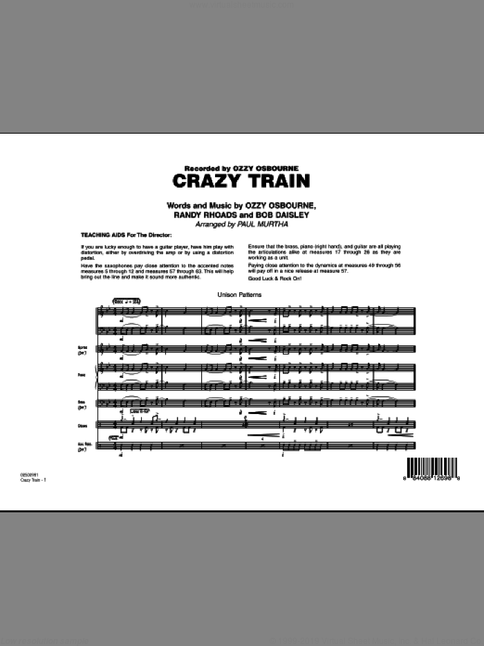 Crazy Train (COMPLETE) sheet music for jazz band by Ozzy Osbourne, Bob Daisley, Randy Rhoads and Paul Murtha, intermediate skill level