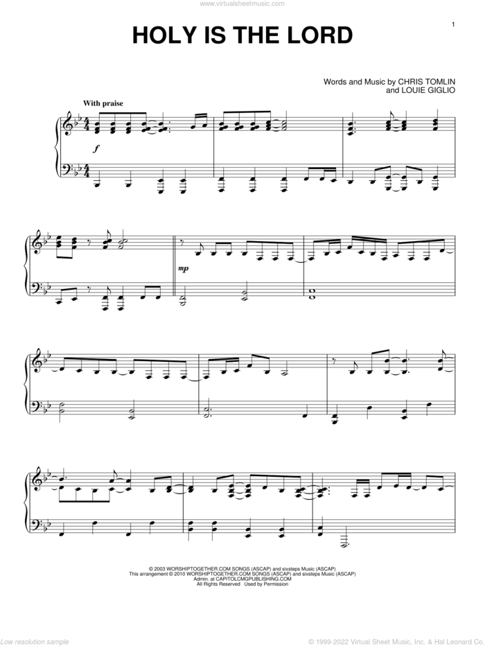 Holy Is The Lord, (intermediate) sheet music for piano solo by Chris Tomlin, Bethany Dillon and Louie Giglio, intermediate skill level