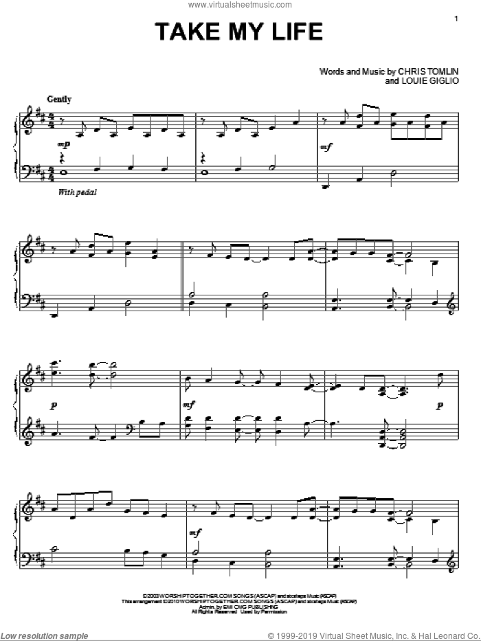 Take My Life sheet music for piano solo by Chris Tomlin and Louie Giglio, intermediate skill level