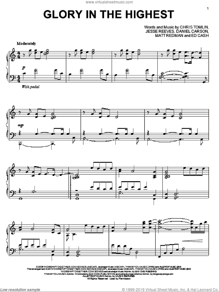 Glory In The Highest sheet music for piano solo by Chris Tomlin, Brenton Brown, Daniel Carson, Ed Cash, Jesse Reeves and Matt Redman, intermediate skill level
