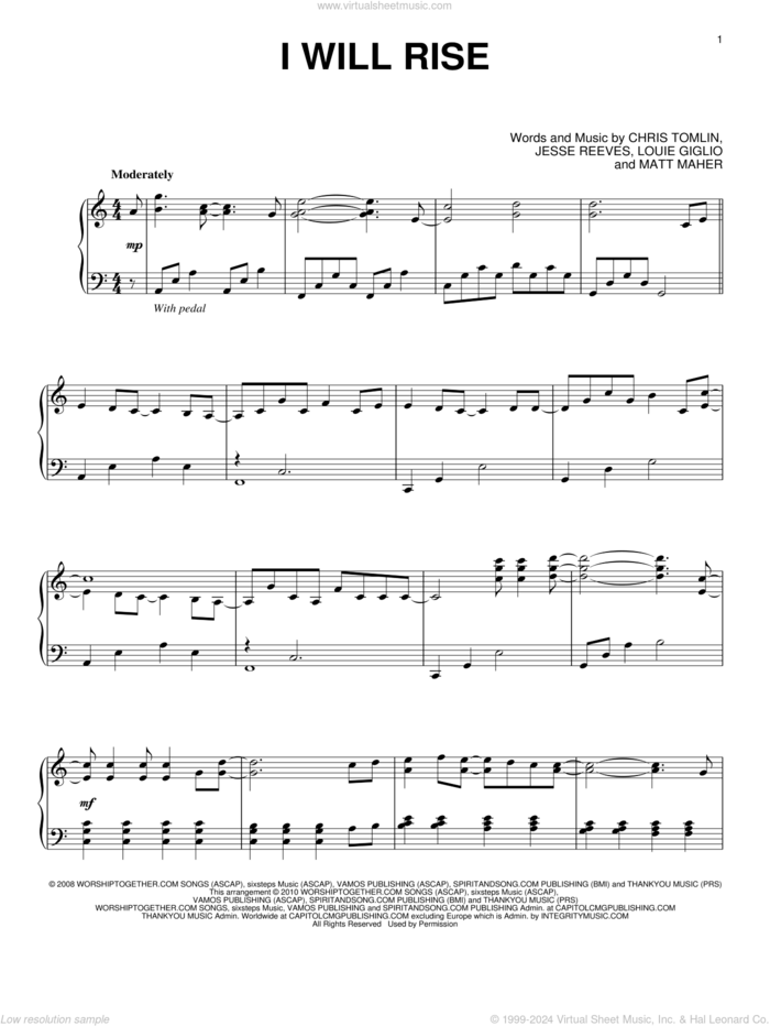 I Will Rise, (intermediate) sheet music for piano solo by Chris Tomlin, Jesse Reeves, Louis Giglio and Matt Maher, intermediate skill level